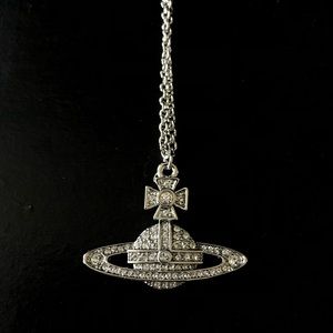 Silver Saturn Orb Necklace W/Clear Jewels